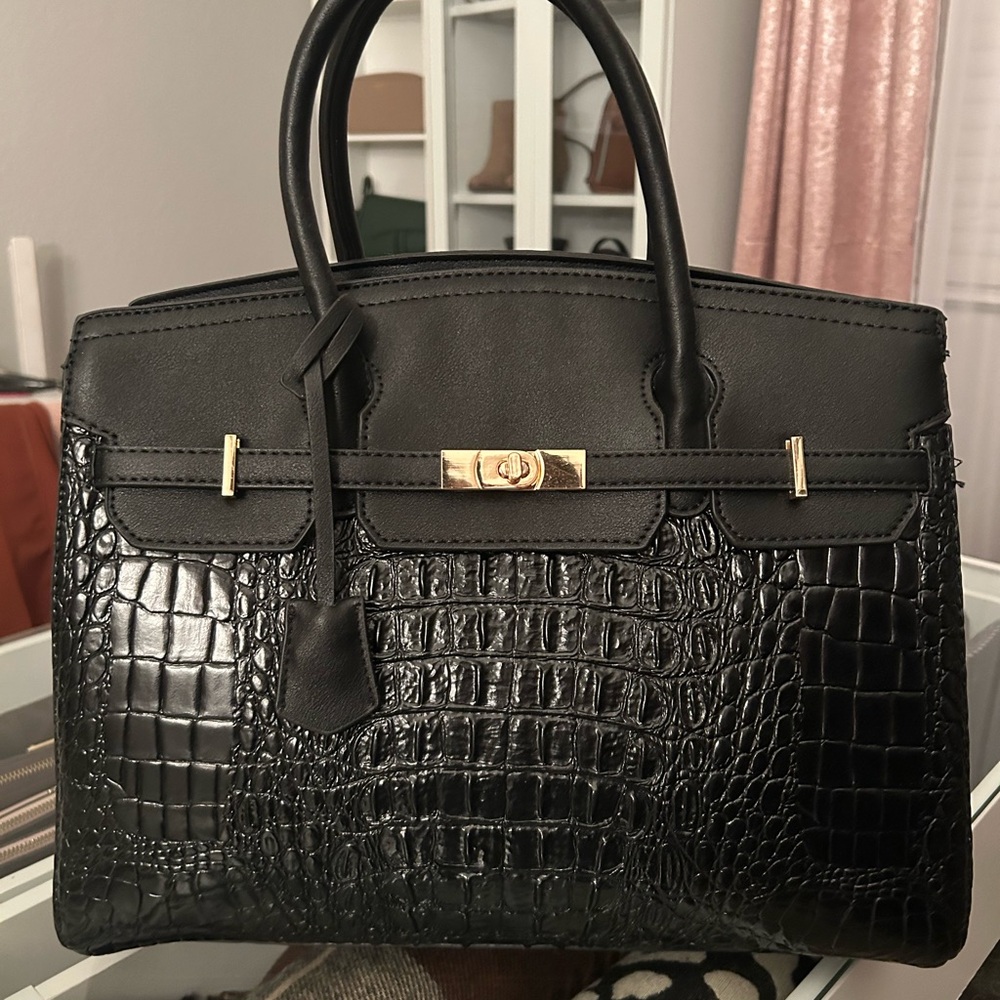 Black Faux Crocodile-Embossed Handbag